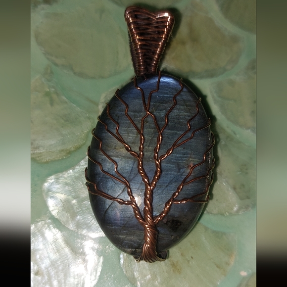 Copper Wire Wrapped Tree Labradorite Pendant - Picture 3 of 4